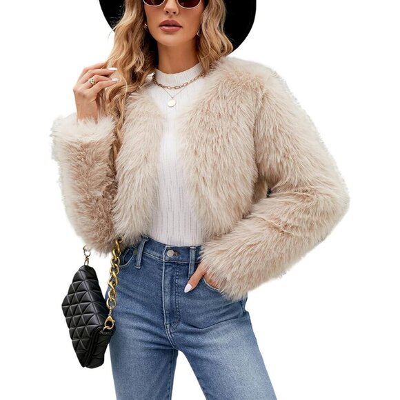 Jackets & Blazers - Women's Apricot Gihuo Cropped Faux Fur Coat Open Front Fleece Winter Jacket